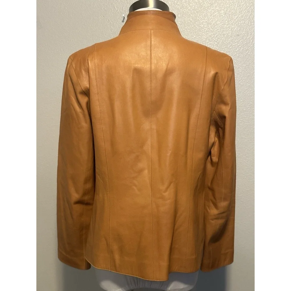COLE HAAN 100%‎ Lambskin Leather Wing Collar Zip Jacket Camel Beige Women Sz 14